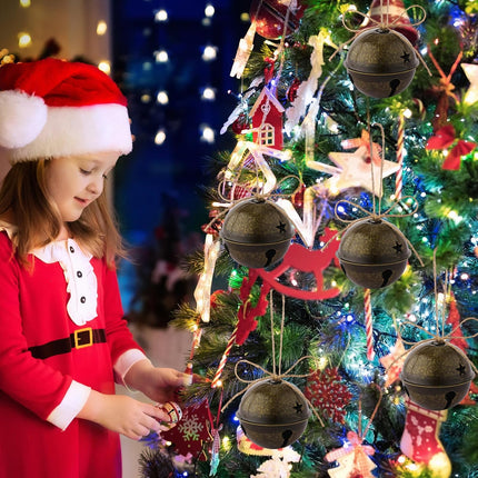 12 Pieces Large Size Christmas Bells 3.15 Inch Jumbo Bells Sleigh Bells Star Cutout Bells Ornaments with Ribbon for Christmas Tree Wreath Decorations (Brass)