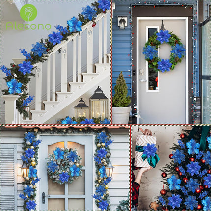 Alecono 24 Pcs Blue Christmas Artificial Flowers, Fake Tree Decor Shining Faux Floral with Clips DIY Xmas Berry Holiday Home Party Wedding Ornaments