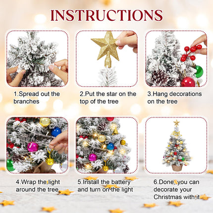 24 in Tabletop Mini Christmas Tree Set, Small Snow Flocked Prelit Christmas Tree with Warm LED Lights, Star Treetopper, Plastic Pine Cones, Berrys and Hanging Ornaments for DIY Christmas Decorations