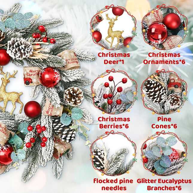 Christmas Wreath Decor - 18'' Christmas Wreaths for Front Door with Sparkly Gold Christmas Reindeer Berries Pine Cones Pine Needles,Christmas Door Wreath for Home Door Wall Party Christmas Decorations