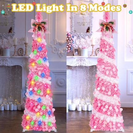 5Ft Pop Up Tinsel Christmas Tree with LED Lights, Sequins, Tree Topper, Collapsible Pencil Christmas Tree Artificial, Holiday Indoor Christmas Decoration for Home, Office, Apartment Xmas Décor