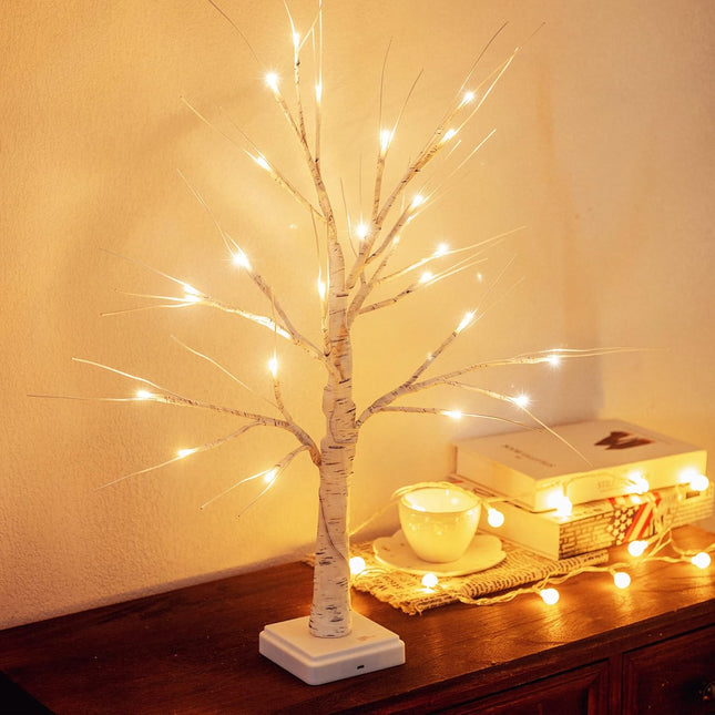 Woohaha 2FT Lighted Birch Tree with 24L Warm White LEDs,Mothers Day Decoration,Battery Powered Timer Money Tree,Artificial Mini Christmas Tree Card Tree for Home Party Wedding
