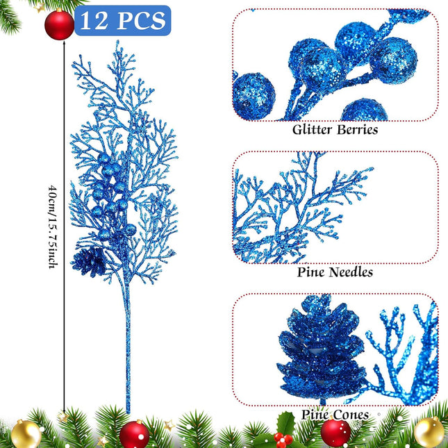 Tigeen 12 Pcs Large Christmas Tree Picks Bulk Glitter Branches Berries Stems Decorations 15.75'' Christmas Twigs Filler Berry Picks for Vase Christmas Tree Ornaments (Blue)