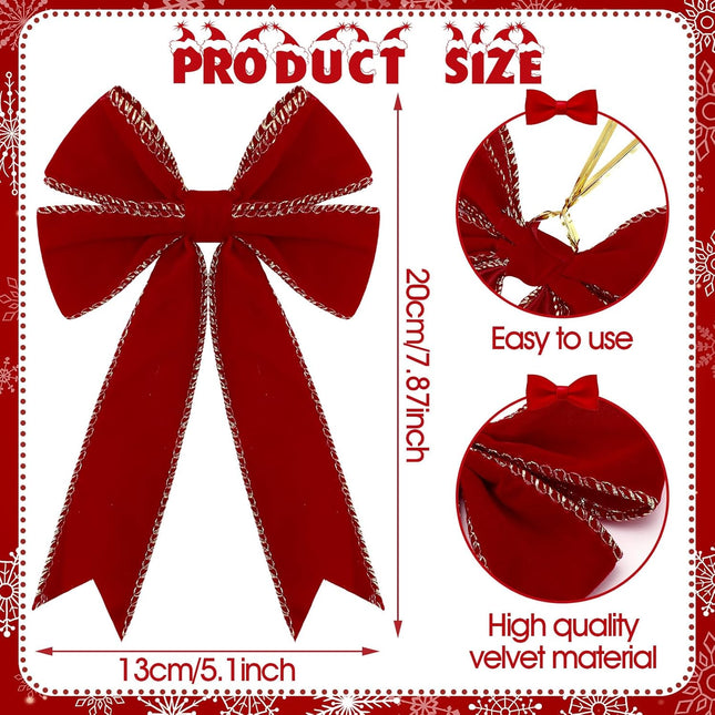 24 Pcs Velvet Christmas Wreath Bow 5 x 7.9 Inch Rustic Velvet Christmas Bows Vintage Christmas Tree Ornaments Bows for Xmas Holiday Garland Home Decor Wedding Outdoor Indoor Decoration (Red)