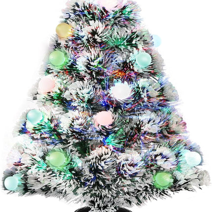 Pre-Lit Fiber Optic Christmas Tree,22'' Tabletop Small Mini Artificial Xmas Tree with Balls,RGB Lights,Treetop, Battery/USB Powered White Tiny Fake Xmas Tree Decorations for Desktop,Holiday