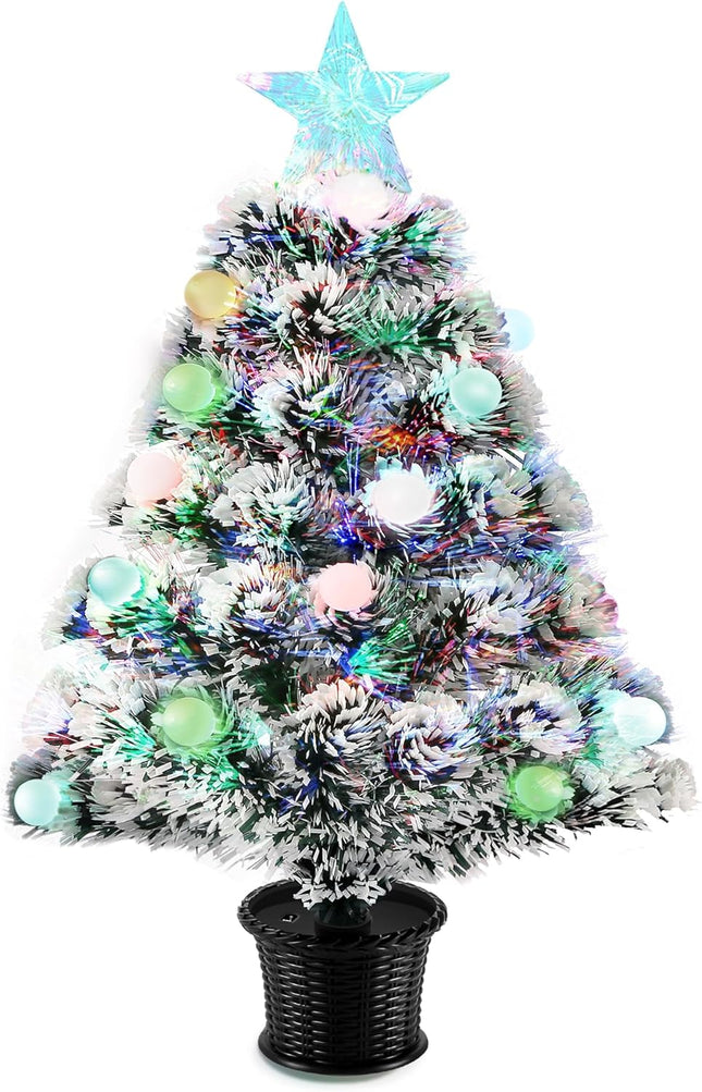 Pre-Lit Fiber Optic Christmas Tree,22'' Tabletop Small Mini Artificial Xmas Tree with Balls,RGB Lights,Treetop, Battery/USB Powered White Tiny Fake Xmas Tree Decorations for Desktop,Holiday