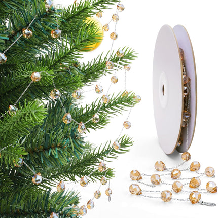 Christmas Garland, 9.8Ft Crystal Glass Beads Strands, 100pcs 10mm Faceted Waterdrop Glass Beads Hanging Ornament for Christmas Tree Centerpieces Wedding Party Decorations (Gold)
