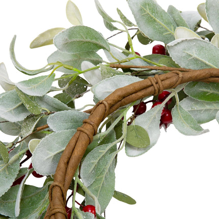 20 Inch Artificial Christmas Wreath Lambs Ear Leaves Door Wreath Winter Wreath with Artificial Snow Red Berries Christmas Decorations for Home Wall Window Decor
