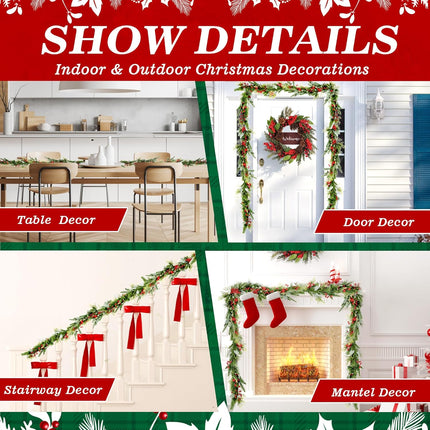 6FT Artificial Christmas Wreath with LED String Lights, Battery Operated, Berry/Eucalyptus Leaf/Pine Needle Green Wreath for Mantel Holiday Decorations Glow in The Dark Christmas Garland
