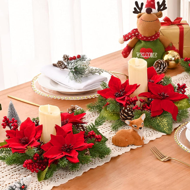 MARTINE MALL 2 Pcs Christmas Candle Rings, 12 In Artificial Poinsettia Candle Rings, Red Berry Gold Pinecones Candle Ring Holder Christmas Decoration for Pillars Rustic Wedding Centerpiece Table Decor