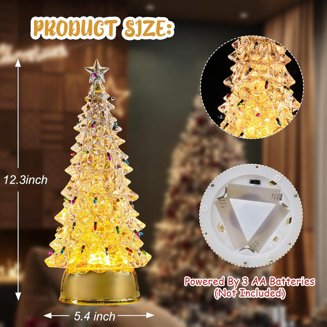 WONDER GARDEN Light Up Christmas Tree, 12” Acrylic Christmas Tree Snow Globe with Colorful Bulbs, Battery Operated Gold Water Swirling Glitter Led Lights Christmas Decorations Indoor for Tabletop