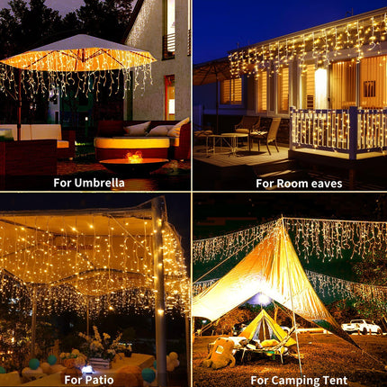 Solar Icicle Lights Outdoor Decorations - 56Ft 506 LED Icicle Christmas Lights Outdoor Waterproof with Remote, 8 Modes Warm Icicle String Lights with 101 Drops for Fireplace Wedding Porch Decor