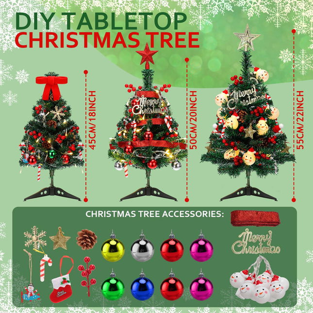 Liliful 3 Pcs Desktop Mini Christmas Tree Small Artificial Christmas Trees with LED Lights and Ornaments 18/20/ 22 Inch Tabletop Xmas Tree for DIY Christmas Decorations