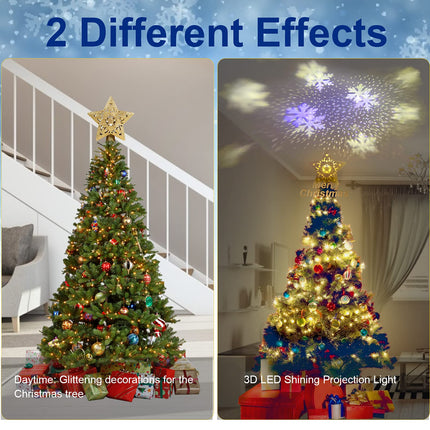 Christmas Tree Topper Lighted with Star Projector, LED Rotating 3D Glitter Tree Topper for Christmas Tree, Christmas Decorations Lights (Golden)