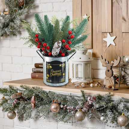 Winlyn 1 Pack Christmas Floral Arrangement Centerpieces Artificial Pine Needle Cedar Red Berry Pinecone in Galvanized Pots Small Potted Christmas Tree 12.4" Tall for Holiday Home Mantel Tabletop Décor