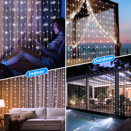 Solar Curtain Lights 1010Ft 300LED Waterproof Waterfall Light with 8 Modes Remote Type C Charging Dimmable Timer Twinkle Fairy String Lights for Outdoor Christmas Gazebo Wedding Party Pergola Patio