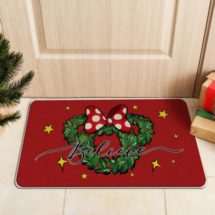 Christmas Believe Santa Mouse Red Kitchen Rugs Set of 2, Xmas Wreath Peppermint Candy Kitchen Mats Decor, Winter Holiday Floor Door Mat Home Decorations -17x29 and 17x47 Inch