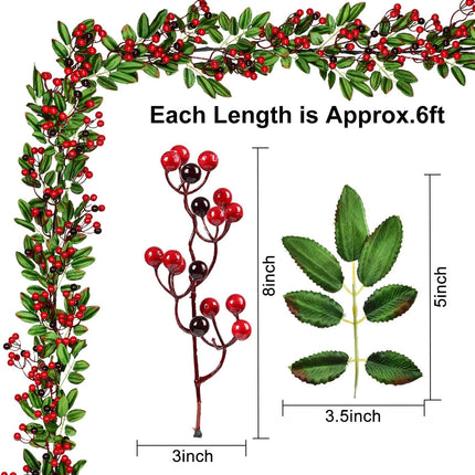Artiflr 6 FT Red Berry Garland Christmas Decoration Clearance, Green Leaves Garland Artificail Berry Garland Fireplace Table Centerpiece Hone Decoration for Winter Holiday Year Decor