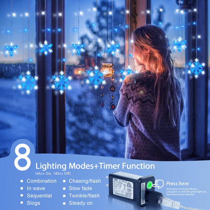 Christmas Snowflake Icicle Lights,6.5ft 144LED Curtain Lights with 12 Drops,Timer 8 Modes Connectable,Waterproof Fairy Light for Eaves, Garden, Indoor Outdoor Xmas Decoration (Blue White)