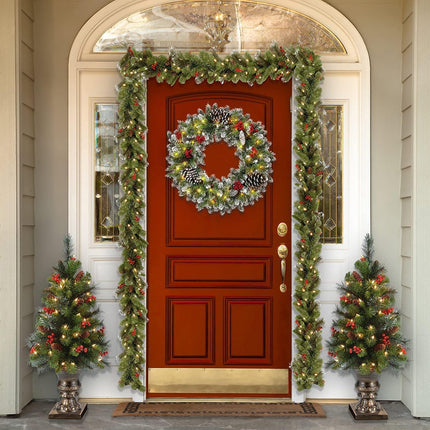 Christmas Wreath Garland for Front Door, Pre-lit Artificial Xmas Garland with 50 LEDs Lights Battery Operated - Snowflake Red Berry Pinecone Fir Garland Come with Hook(18 Inch)