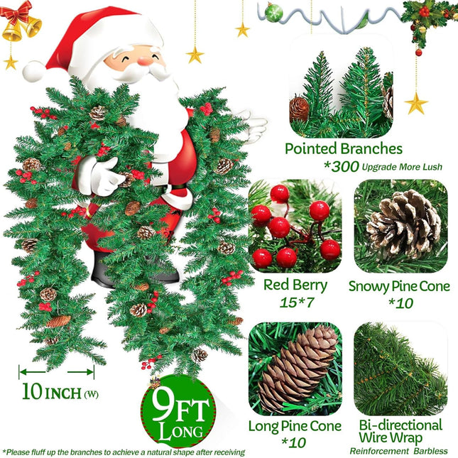 Christmas Garland, 9 Ft Artificial Realistic Green Christmas Garlands with 20 Pine Cones 15 Red Berry Vine Plants for Indoor Outdoor Home Fireplace Mantle Staircase Christmas Decorations