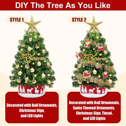 24 Inch Mini Table top Christmas Tree with Timer 30 LEDs & 34 Ornaments 2 Ft Small Tabletop Christmas Tree with Lights Artificial Christmas Decorations Desk Kid Room Office Home Decor Xmas