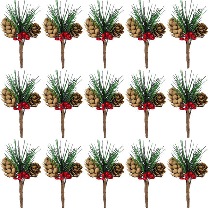 CHRORINE 15 Pcs Artificial Pine Cone Picks and Red Berry Mini Artificial Pine Tree for Christmas Party Flower Wreaths and Holiday Decorations