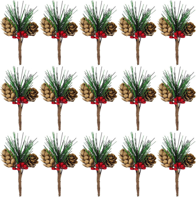 CHRORINE 15 Pcs Artificial Pine Cone Picks and Red Berry Mini Artificial Pine Tree for Christmas Party Flower Wreaths and Holiday Decorations