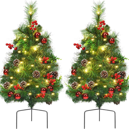 24 Inch Pathway Christmas Tree Set of 2, Battery-Powered Mini Christmas Tree w/ 30 LED Lights, 8 Flashing Modes, Berries, Pine Cones & Ornaments, Pre-lit Xmas Tree for Lawn, Yard