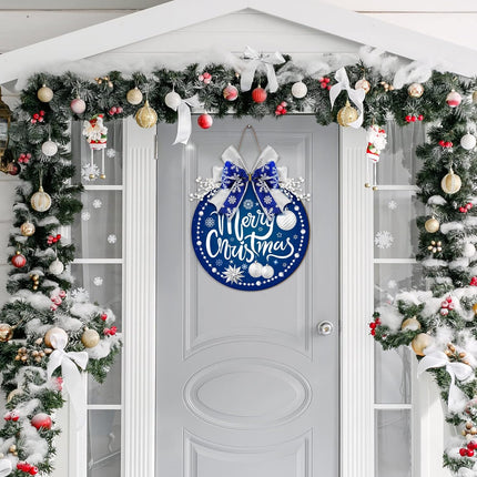 Qunclay Blue Christmas Decorations Round Snow Wooden Hanging Sign Christmas Wreath for Front Door Blue and Silver Wreath Sign with Bow Winter Christmas Wreath Sign for Door Wall Window Home Decor