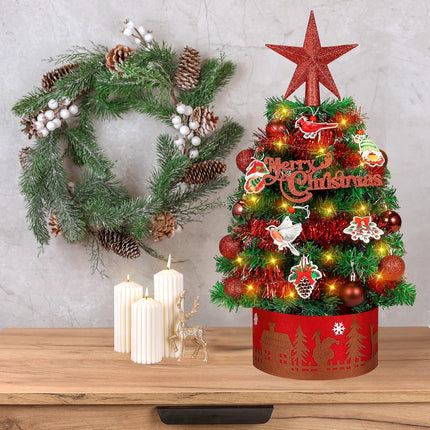 Tabletop Christmas Tree 24-inch Mini Christmas Tree with Red Cardinals Birds & LED String Lights, Star Treetop, Hanging Ornaments, Tabletop Small Xmas Tree for Holiday Indoor DIY Christmas Decor Green