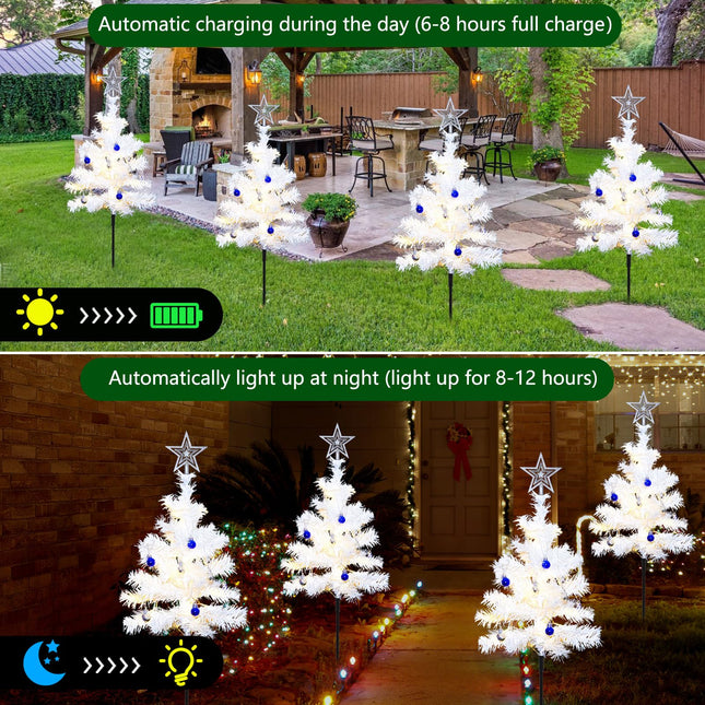 Set of 4 White Solar Christmas Tree, Outdoor Christmas Decorations, 8 Modes 80LED Solar Christmas Lights Outdoor, Solar Christmas Pathway Lights for Yard Front Porch Pathway Grave Cemetery Decor