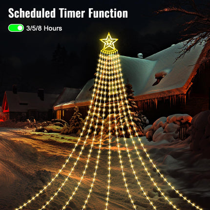 HELESIN Solar Outdoor Christmas Decorations Lights, 350LED Christmas Star Tree Light wth Remote Control, 8 Modes Waterfall Lights USB Charge for Holiday Xmas Tree Patio Yard Decor, Warm White