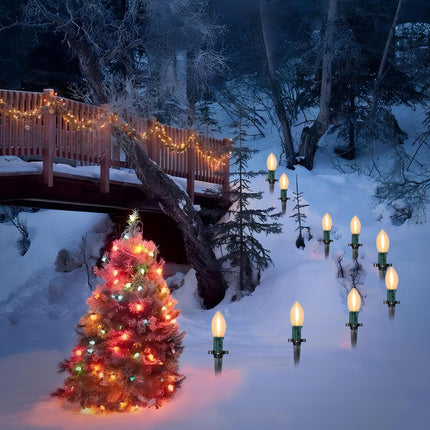 38FT C9 LED Christmas Pathway Lights,25 Warm White Connectable Weatherproof LED Christmas Walkway Lights with C9 LED Bulbs and Stakes for Driveway Yard Lawn Sidewalk Christmas Decoration