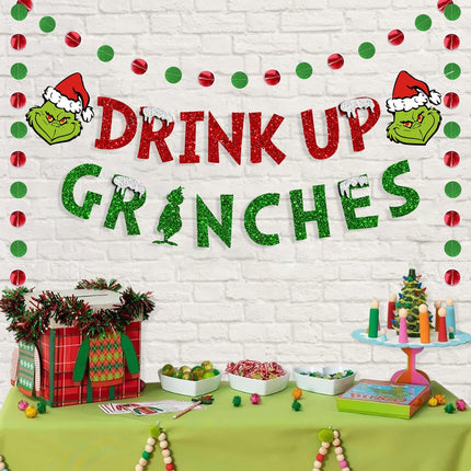 Drink Up Grinches Banner, Glittery Christmas Decorations Banners Winter Holiday Garland Photo Props Banner for Party Home Decorations