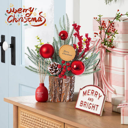 2 Pack Small Christmas Trees, 13.8'' Tall Tabletop Mini Christmas Tree Decorations with Ornaments Pine Cone Berry for Christmas Home Room Indoor Decor
