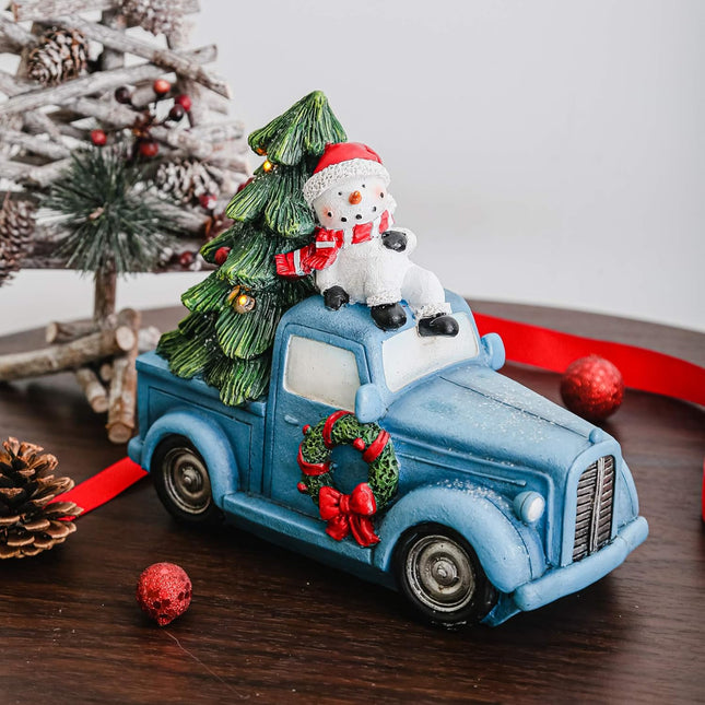 Christmas Truck Snowman Statue Tabletop Decoration with Led Light, Vintage Blue Car Figurine with LED Light Christmas Tree, Christmas Decor for Home & Office, 7''H