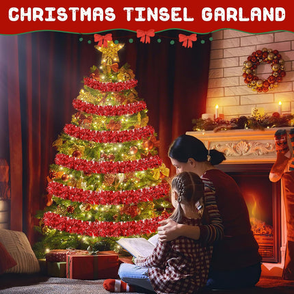 50FT Red Christmas Tinsel Garland, Metallic Twist Shiny Hanging Garland Ornaments for Xmas Tree Party Supplies Thick Thin Metallic Streamers for Indoor Outdoor Decor