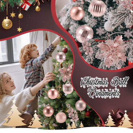 Ceenna 132 Pcs Christmas Tree Ornaments Set Glitter Poinsettia Flowers 2.36 inch Christmas Balls Snowflakes Decorations Artificial Berry Picks for Xmas Tree Wreath, Hooks Included (Rose Gold,Delicate)