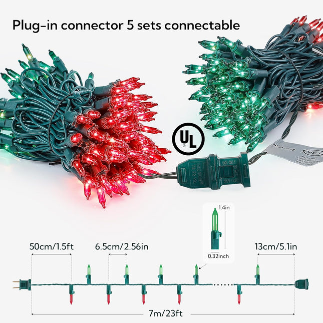 Clear Christmas Lights Outdoor Indoor(23 Feet,100 Count),Red&Green Incandescent Bulb Mini Lights,Plug in String Lights Waterproof for Christmastree,Garland,Home Decoration,Wedding,Party