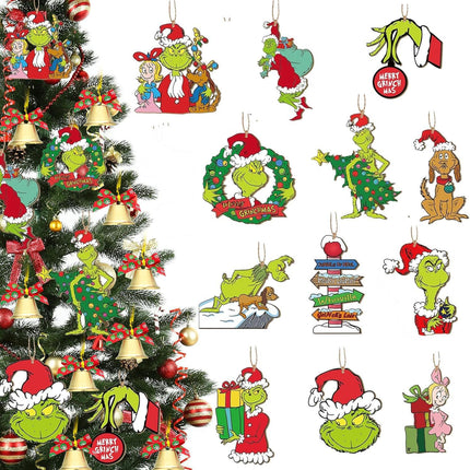 Christmas Tree Decorations Grinchs for Kids - 12 Sets Christmas Wooden Hanging Ornaments with Bells & Bows for Indoor Home Party Decor