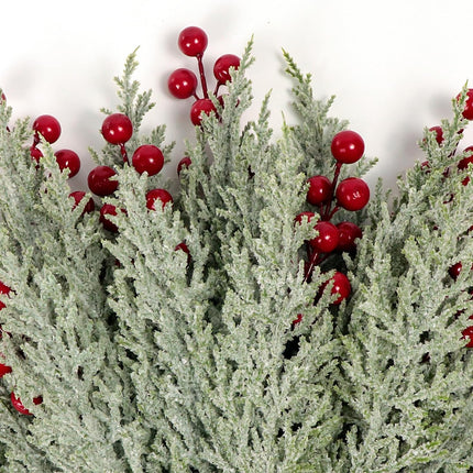 30Pcs Artificial Pine Branches with Red Berry Stems Assorted Faux Cedar Leaves Sprigs Holly Berries Twigs Christmas Tree Picks Greenery Sprays for DIY Craft Wreath Garland Holiday Season Décor (Snow)