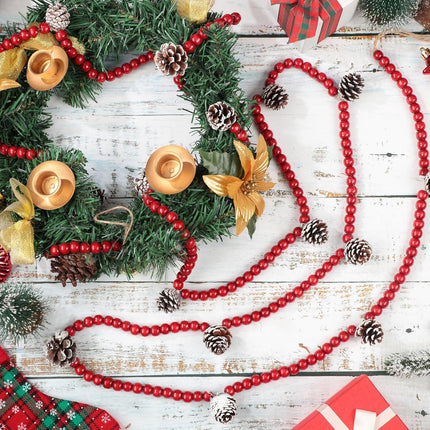 Huwena 12 Ft Christmas Wooden Bead Garland Rustic Red Bead Pinecone Garland Farmhouse Craft Bead Garland for Christmas Decoration Supplies
