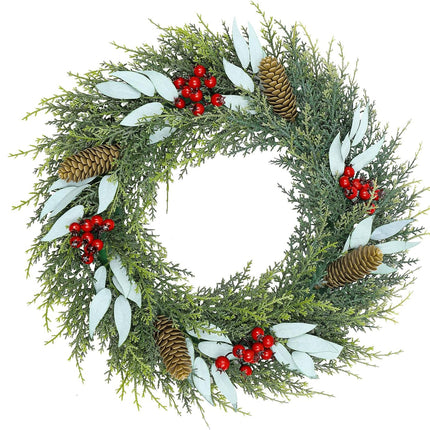 U'Artlines 18" Artificial Christmas Wreath Front Door Wreath with Red Berry Pine Cones Christmas Decorations for Winter Xmas Holiday Home Indoor Outdoor Use (Green,1)