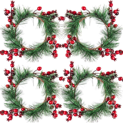 Christmas Candle Rings- 4.3 Inches Candle Wreaths Candle Garland with Artificial Red Berries- Xmas Wreath Candle Holder for Christmas Wedding Table Dinner Party Decoration, 4 Pcs