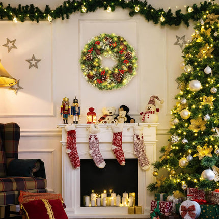 Christmas Wreath,Pre-Lit Artificial 18 Inch Christmas Wreaths for Front Door with Pine Cones,Berries,Christmas Wreath with Lights,8 Modes 50 LED Lights for Outdoor Indoor Decorations