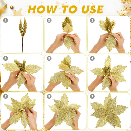 IMIKEYA Christmas Glitter Poinsettia Flowers：10PCS Christmas Tree Flowers 9.8" Christmas Artificial Flowers Poinsettia Flower Faux Christmas Flowers for Xmas Tree Wedding Party Wreath Decor