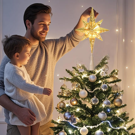 MUMTOP Christmas Tree Topper, Gold Christmas Star Tree Topper with Lights for for Christmas Tree Home Holidays Xmas Indoor Home Decor, 14 inch