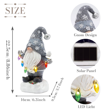 TERESA'S COLLECTIONS Christmas Decorations Garden Gnome with LED Lights, Solar-Powered Outdoor Statue, Festive Silver Decor, Durable Resin Sculpture for Front Porch, Yard, Ideal 8.8"