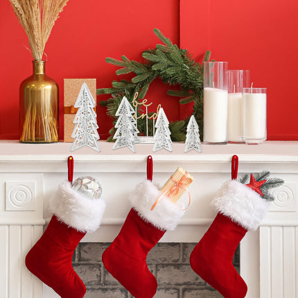8 Piece Christmas Trees Wooden Table Decorations Centerpiece Holiday Wood White 3D Hallow Carving Tree Tiered Tray Tabletop Sign Decor 4 Sizes for Office Dining Mantle Home Winter Xmas Party Supplies